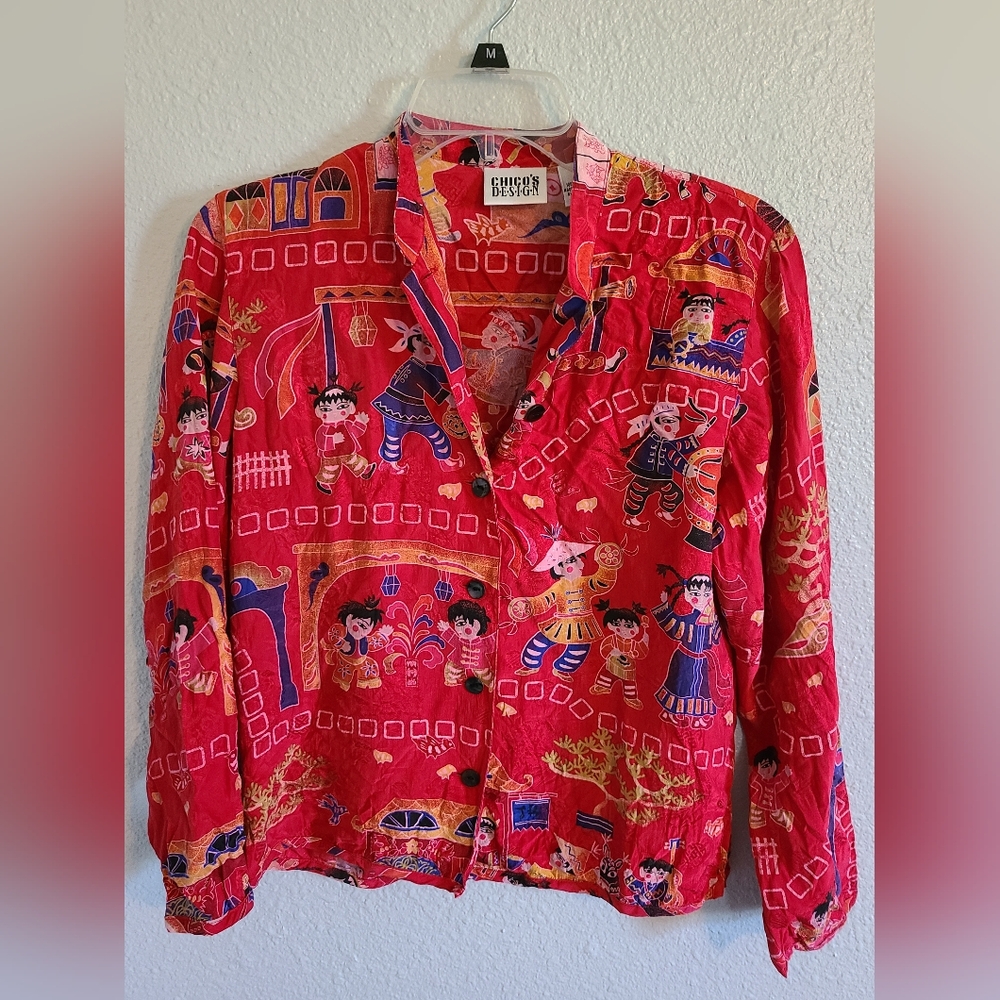 Vintage Chicos Design Asian Style Button Down Silk Blouse